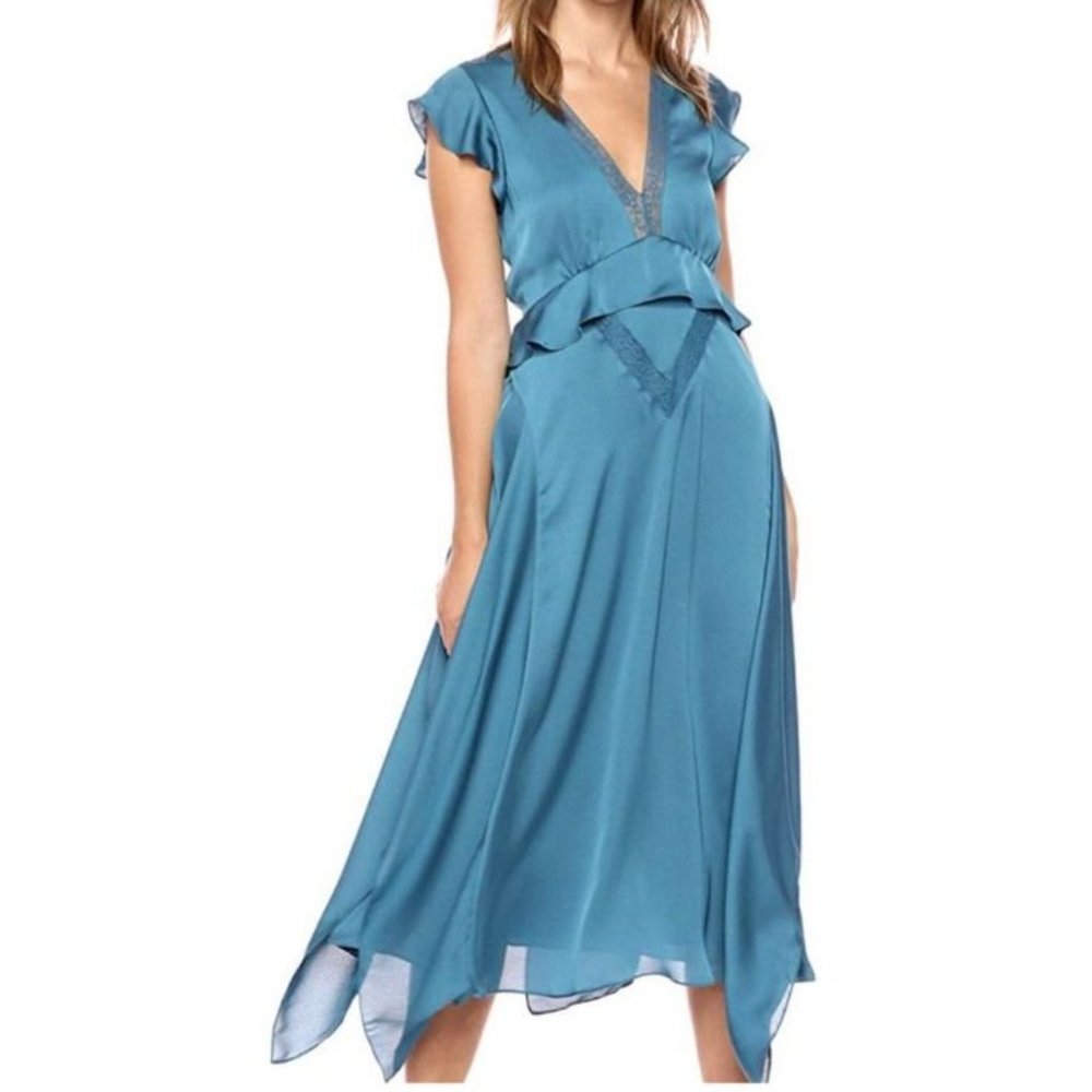 BCBGMaxAzria Midi Dress S Small Short Sleeve Flowy Blue Green Fairy Washable NEW